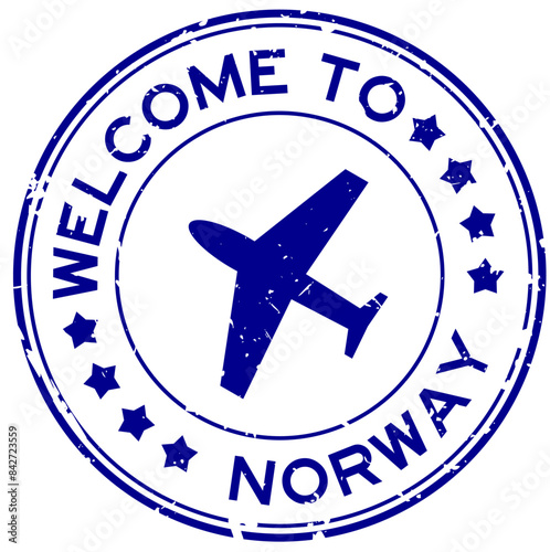 Grunge blue welcome to norway word with plane icon round rubber seal stamp on white background