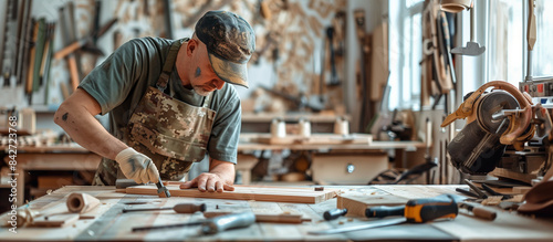 a detailed image of a veteran concentrating on a woodworking project in a hobby workshop, surrounded by tools and supportive peers, Emotional Adaptation, Memorial Day, Independence Day, 4th july