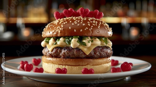 Heart shaped burger with bursting hearts decoration for a unique valentine s day twist photo