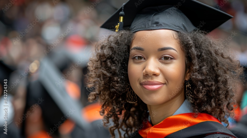 Happy black female grad in cap and gown laughs with diverse graduates ...