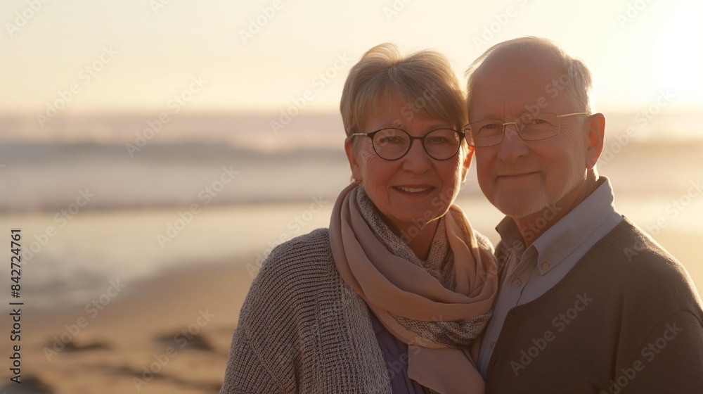 Fototapeta premium Happy senior couple standing on the beach at sunset, smiling. 