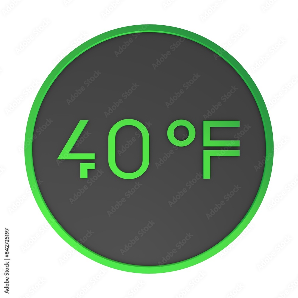 Green number forty in a gray circle on a white background isolate. Degrees Fahrenheit. Air temperature. Rendering illustration. Green number forty in a gray circle on a white background isolate. Degrees Fahrenheit. Air temperature. Rendering illustration.