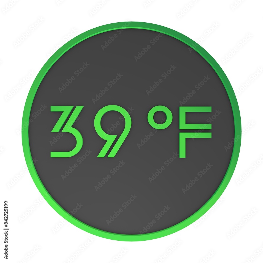 Green number thirty-nine in a gray circle on a white background isolate. Degrees Fahrenheit. Air temperature. Rendering illustration. Green number thirty-nine in a gray circle on a white background isolate. Degrees Fahrenheit. Air temperature. Rendering illustration.