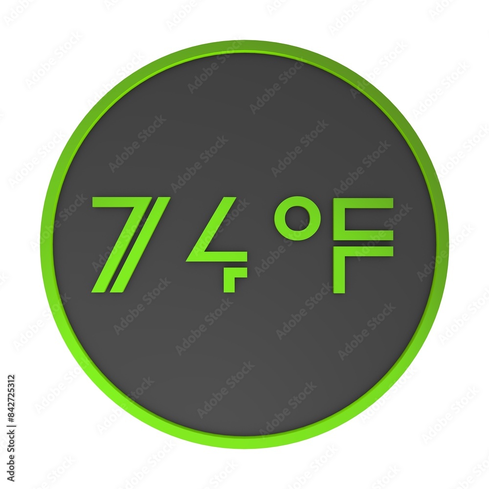 Yellow number seventy-four in a gray circle on a white background isolate. Degrees Fahrenheit. Air temperature. Rendering illustration. Yellow number seventy-four in a gray circle on a white background isolate. Degrees Fahrenheit. Air temperature. Rendering illustration.