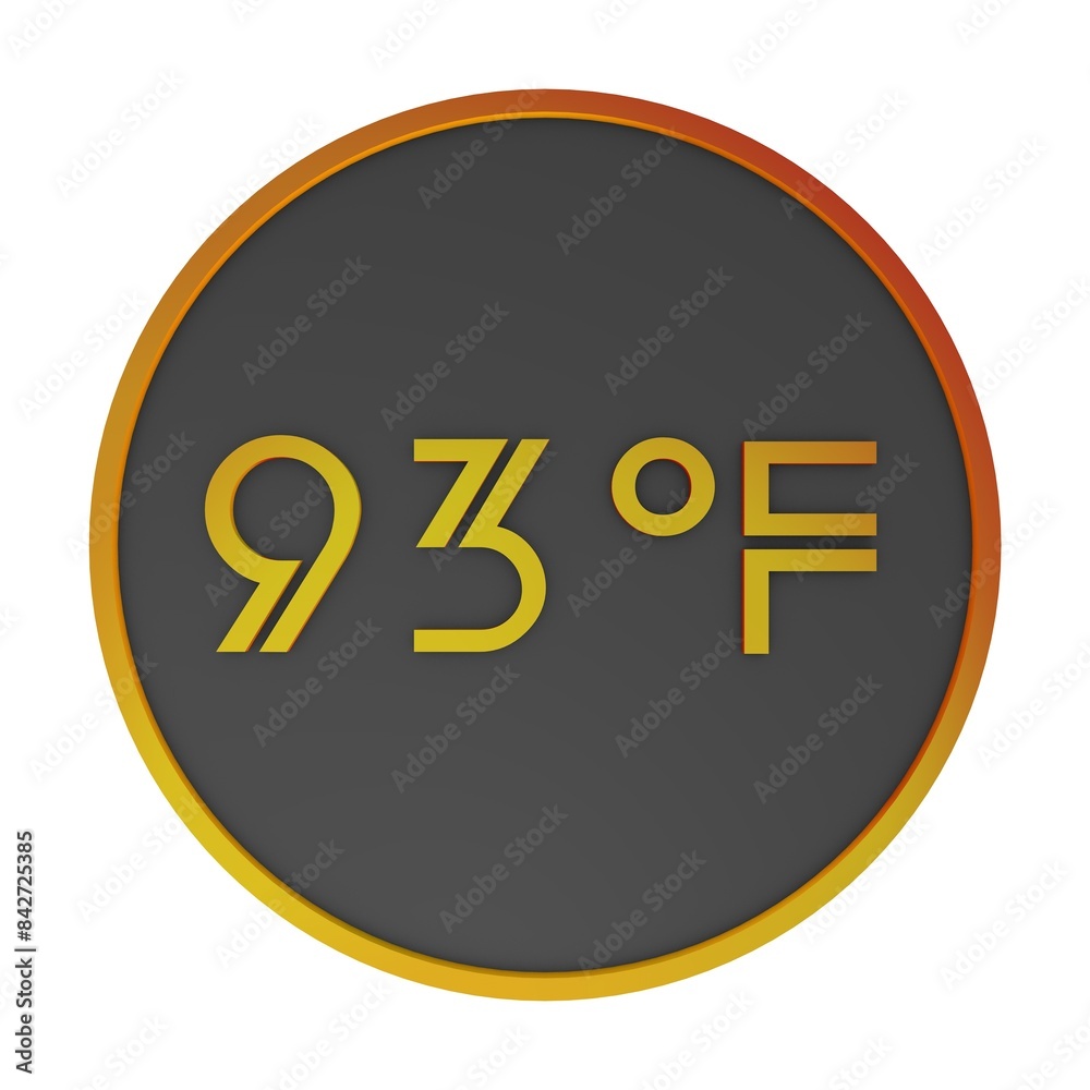 Orange number ninety-three in a gray circle on a white background isolate. Degrees Fahrenheit. Air temperature. Rendering illustration. Orange number ninety-three in a gray circle on a white background isolate. Degrees Fahrenheit. Air temperature. Rendering illustration.