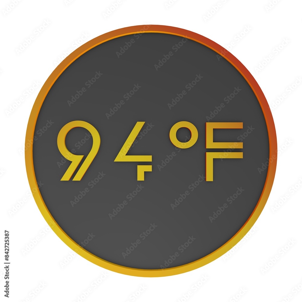 Orange number ninety-four in a gray circle on a white background isolate. Degrees Fahrenheit. Air temperature. Rendering illustration. Orange number ninety-four in a gray circle on a white background isolate. Degrees Fahrenheit. Air temperature. Rendering illustration.