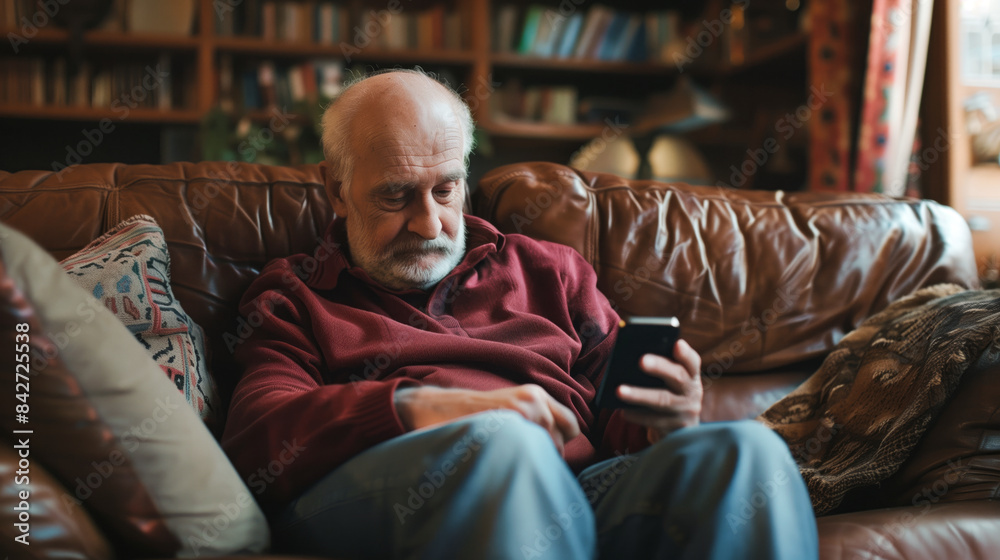 An older gentleman unwinds on a sofa at home, using mobile An older gentleman unwinds on a sofa at home, using mobile