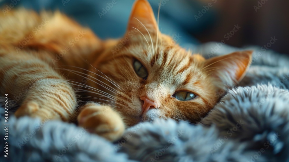 A cat is laying on a bed with its head on a pillow A cat is laying on a bed with its head on a pillow