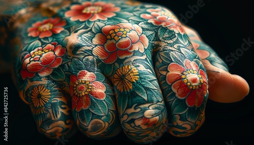 Close-up shot of an intricately tattooed hand, soft natural light, showcasing fine line and shading details, photorealistic, high contrast, sharp focus on the skin texture