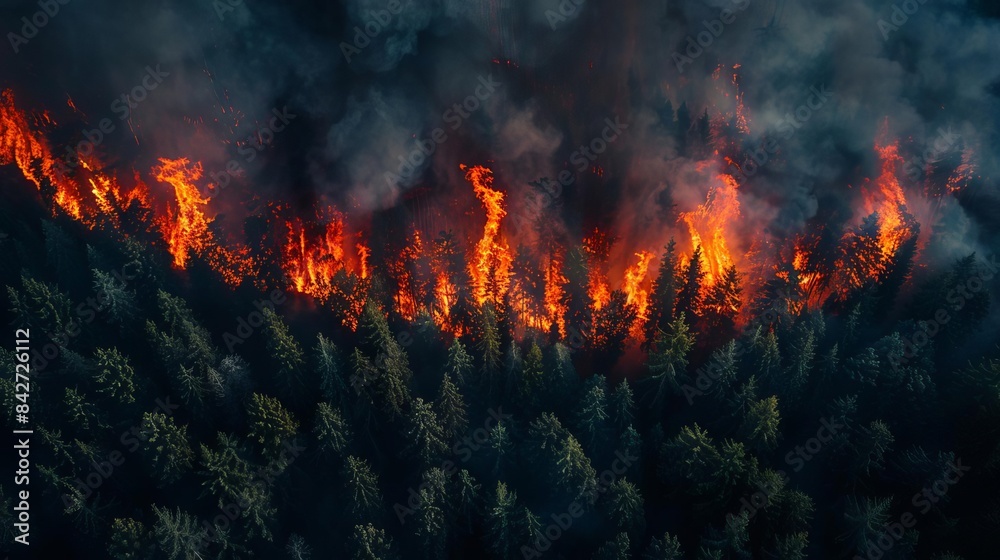 Climate databases tracking wildfire pollution, forest fire, top view ...