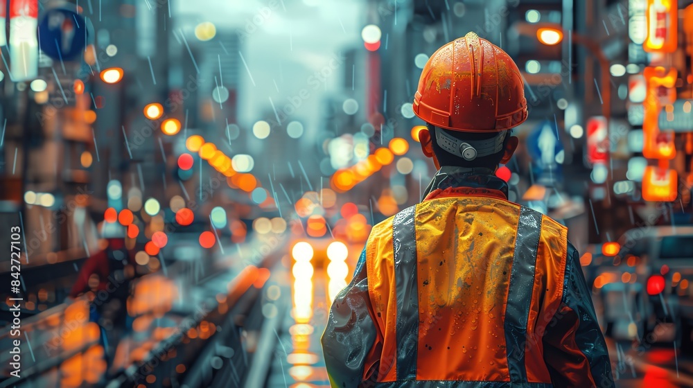 Rear view of a young construction worker wearing a reflective vest and hard hat on a busy site, realistic detail, digital painting, vibrant colors highlighting safety gear Rear view of a young construction worker wearing a reflective vest and hard hat on a busy site, realistic detail, digital painting, vibrant colors highlighting safety gear