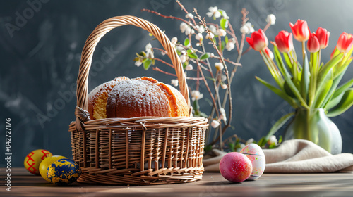 Wicker basket with painted eggs and delicious Easter c