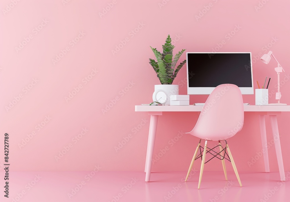 A cute desk with a chair and computer in pastel colors, in a minimalistic style, on a pink background, A cute desk with a chair and computer in pastel colors, in a minimalistic style, on a pink background,