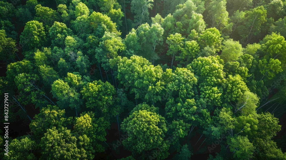 Naklejka premium A Elevated View at Dawn Above Green Forest Trees Representing a Thriving Environment