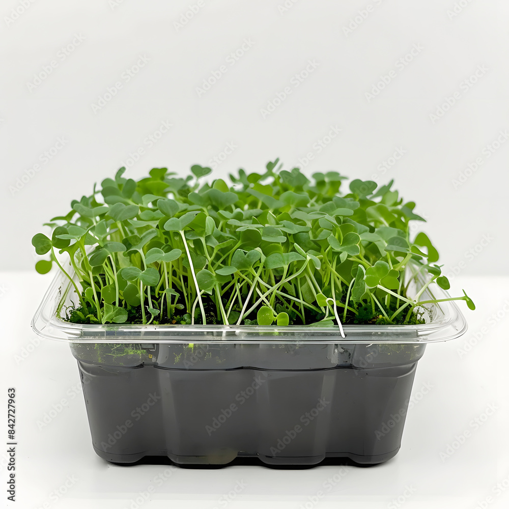 A white plastic container with fresh microgreens on a white background. Germination of seeds at home. The concept of vegan and healthy eating A white plastic container with fresh microgreens on a white background. Germination of seeds at home. The concept of vegan and healthy eating