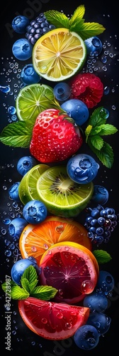 Vibrant Citrus Fruits and Berries Arranged Vertically on a Dark Background
