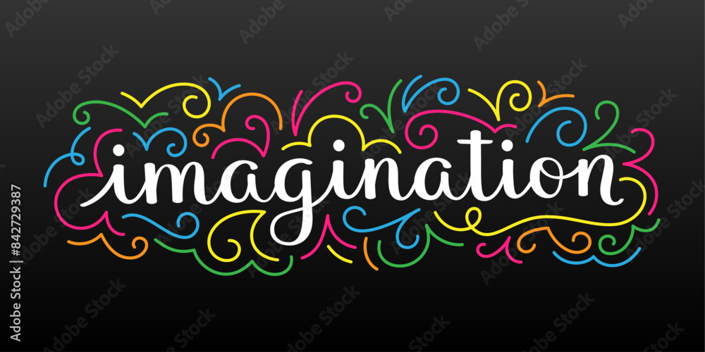 Fototapeta premium IMAGINATION colorful vector brush calligraphy banner with spiral flourishes on black background