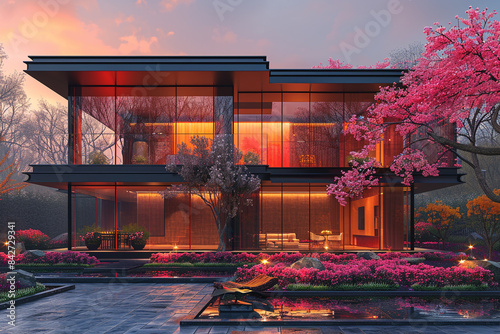 An elegant glass villa surrounded by cherry blossom trees  its transparent walls ablaze with the fiery colors of sunset during springtime.