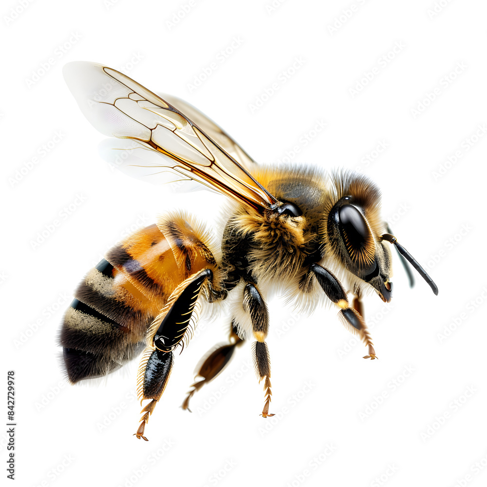 Closeup Bee is flying isolated on white background Closeup Bee is flying isolated on white background
