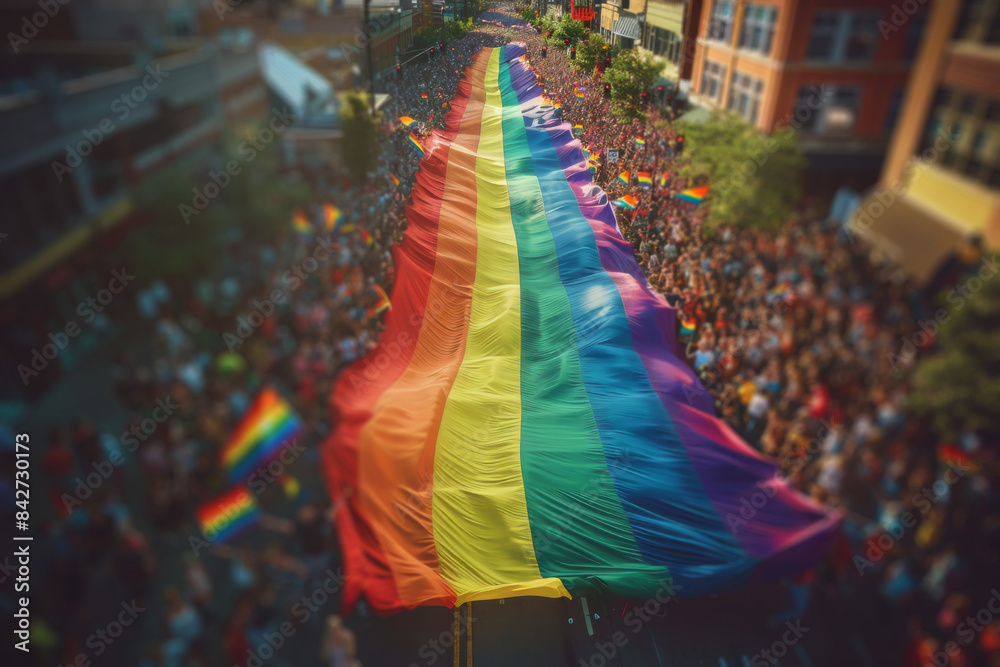 High aerial view of a gay pride rainbow flag being carried by people through a city street High aerial view of a gay pride rainbow flag being carried by people through a city street