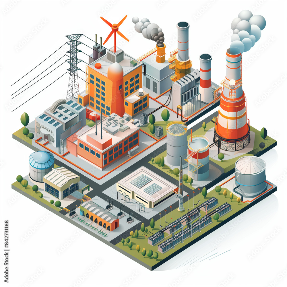 A cityscape with a large factory in the middle. The factory is surrounded by buildings and a large power plant. The sky is cloudy and the air is thick with smoke. The city is bustling with activity A cityscape with a large factory in the middle. The factory is surrounded by buildings and a large power plant. The sky is cloudy and the air is thick with smoke. The city is bustling with activity