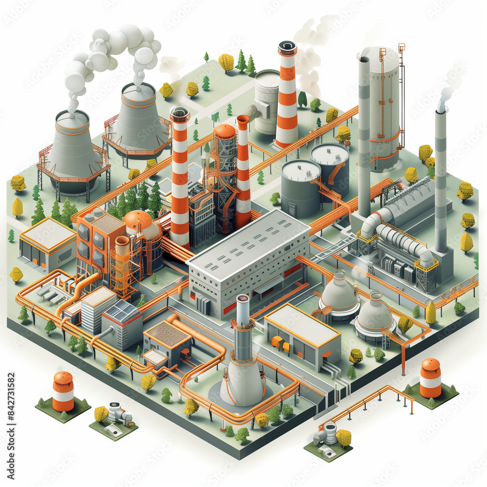 A cityscape with a large industrial area with many factories and power plants. The buildings are orange and white, and the sky is gray. Scene is industrial and somewhat bleak, as the factories A cityscape with a large industrial area with many factories and power plants. The buildings are orange and white, and the sky is gray. Scene is industrial and somewhat bleak, as the factories