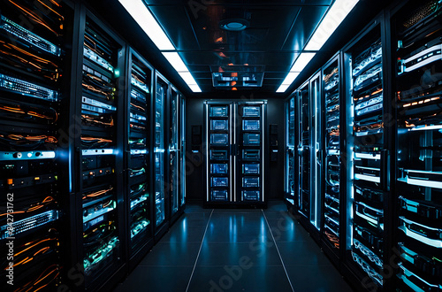 A photograph of a server room filled with racks of equipment, with glowing indicators and cables neatly organized Generative AI image.

