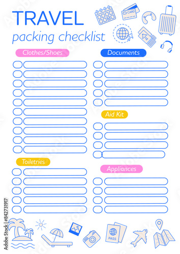 Travel checklist printable template. Vacation Checklist. Travel essentials list. Packing checklist for traveling. Organizer for trip, cruise, summer vacation, road trip, camping. Vacation must haves.