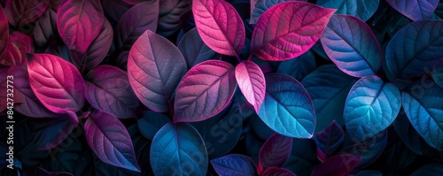 Colorful leaves in vibrant neon pink  purple  and blue hues