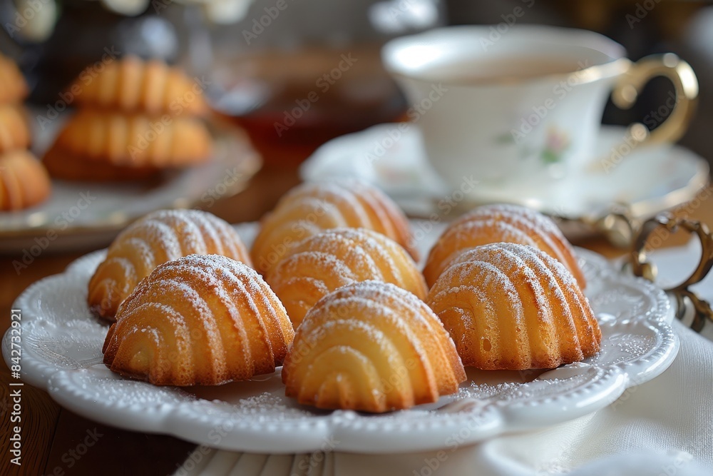 Madeleine Cookies A plate of golden, shell-shaped Madeleine cookies dusted with powdered sugar. Displayed on a white plate with a cup of tea. Madeleine Cookies A plate of golden, shell-shaped Madeleine cookies dusted with powdered sugar. Displayed on a white plate with a cup of tea.