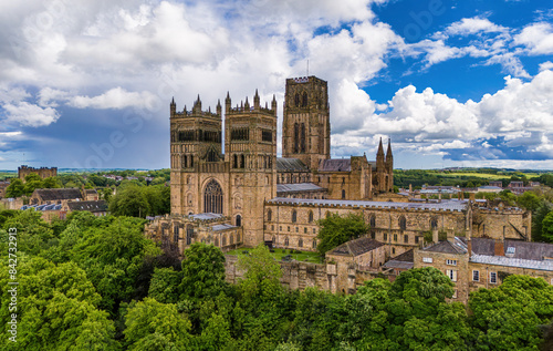 An aerial view of the Durham Cathedral, castle in Durham, UK