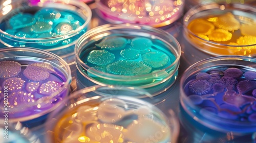 Colorful petri dishes filled with different solutions and intricate patterns.