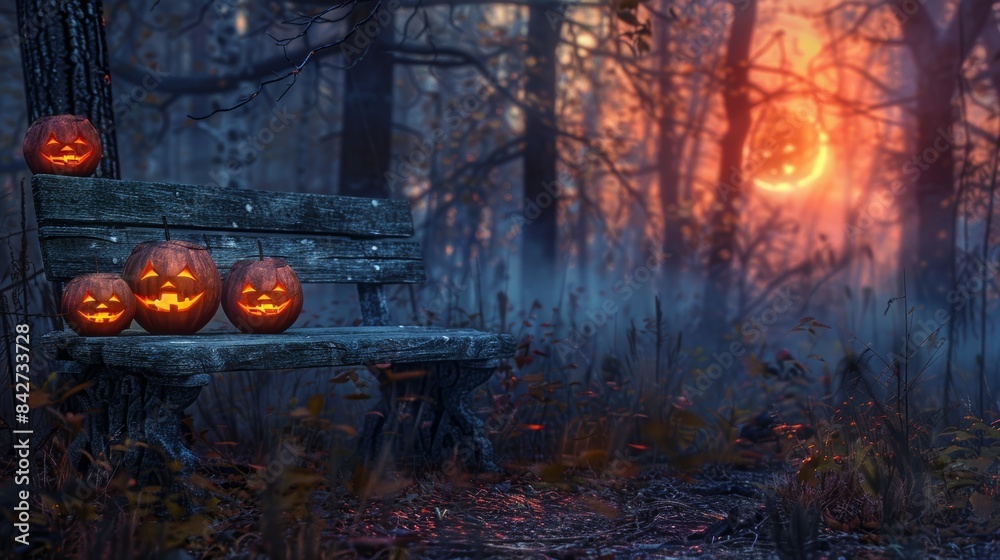 Sunset with Glowing Jack-o'-Lanterns on a Bench