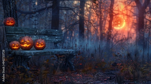 Sunset with Glowing Jack-o'-Lanterns on a Bench