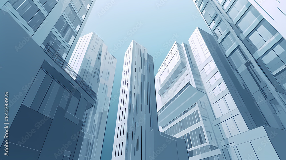 Low angle,Modern Architecture 3D illustration. Architecture building construction perspective paper cut style, underside view urban building abstract background Low angle,Modern Architecture 3D illustration. Architecture building construction perspective paper cut style, underside view urban building abstract background