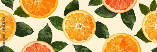 Elegant Abstract Fruit Background With Orange and Grapefruit Slices and Green Leaves