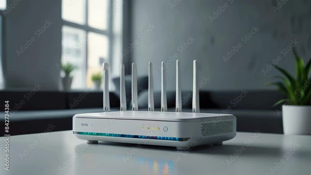 A white Wi-Fi router with six antennae is sitting on a white table.
