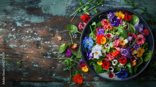 A colorful salad bowl decorated with edible flowers sits on a rustic wooden table  creating a beautiful and artistic display of natures bounty AIG50