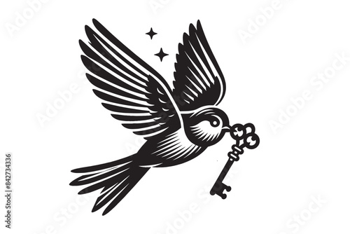 A flying bird carries a key in its beak. Vector engraving illustration, cut out, print, emblem