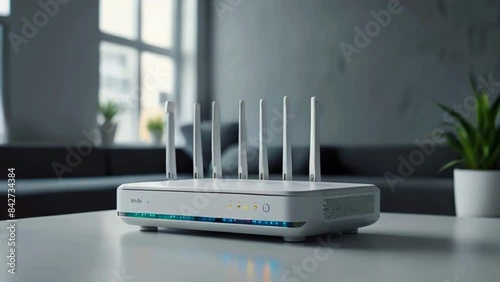 A white Wi-Fi router with six antennae is sitting on a white table.