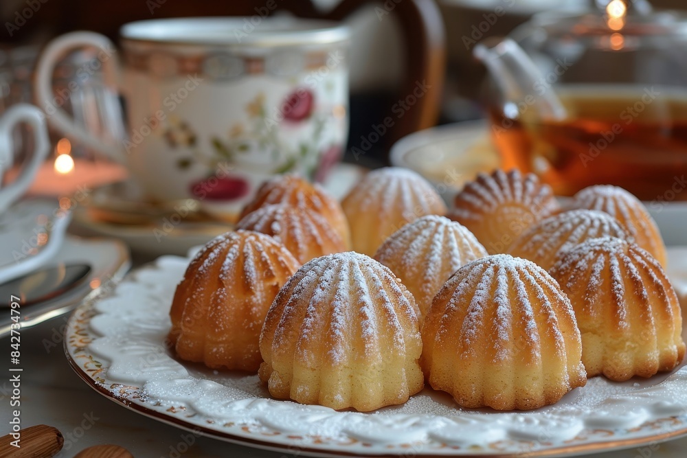 Madeleine Cookies A plate of golden, shell-shaped Madeleine cookies dusted with powdered sugar. Displayed on a white plate with a cup of tea. Madeleine Cookies A plate of golden, shell-shaped Madeleine cookies dusted with powdered sugar. Displayed on a white plate with a cup of tea.