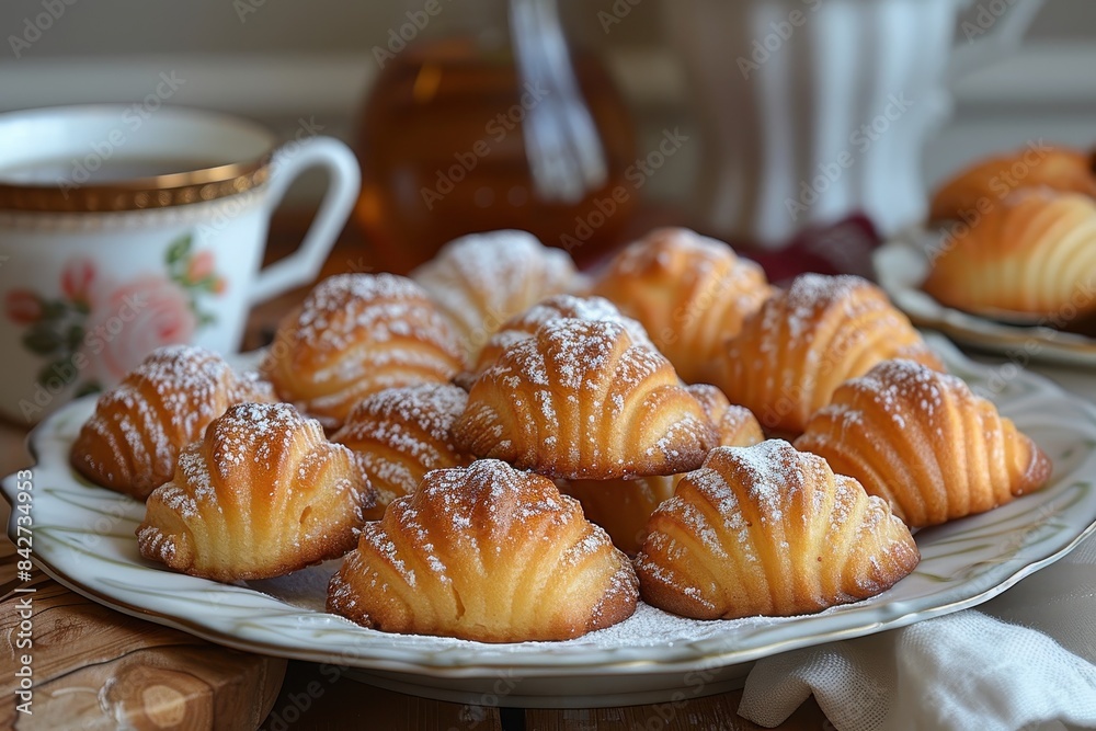 Madeleine Cookies A plate of golden, shell-shaped Madeleine cookies dusted with powdered sugar. Displayed on a white plate with a cup of tea. Madeleine Cookies A plate of golden, shell-shaped Madeleine cookies dusted with powdered sugar. Displayed on a white plate with a cup of tea.