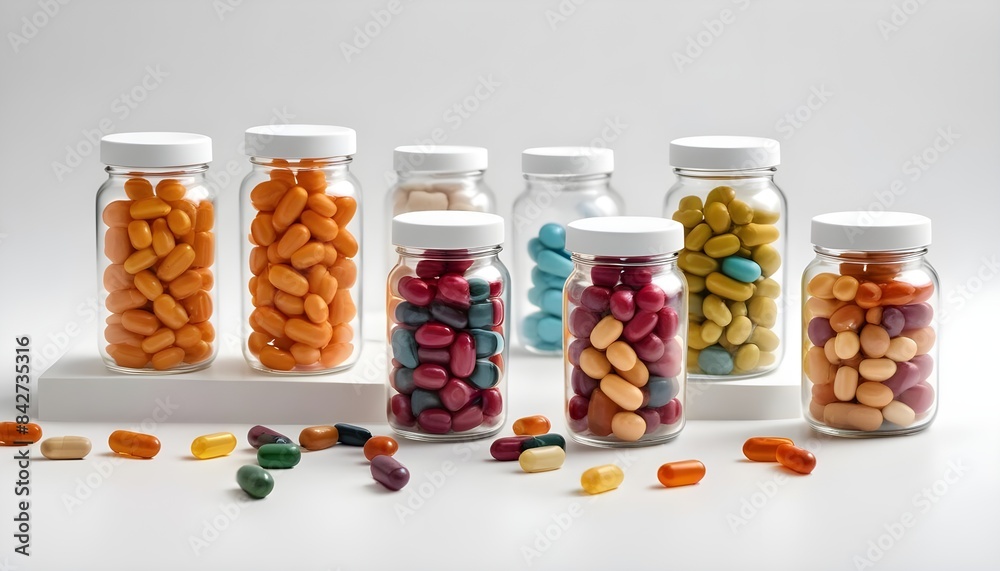 Supplements background - an array of pill and tablet bottles representing supplements and vitamins