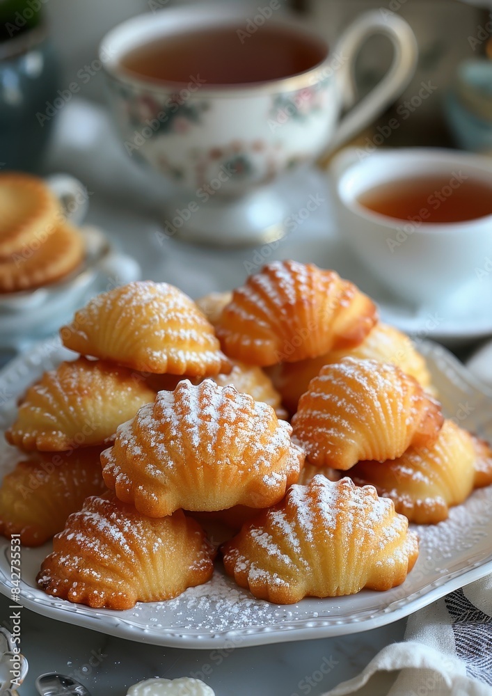 Madeleine Cookies A plate of golden, shell-shaped Madeleine cookies dusted with powdered sugar. Displayed on a white plate with a cup of tea. Madeleine Cookies A plate of golden, shell-shaped Madeleine cookies dusted with powdered sugar. Displayed on a white plate with a cup of tea.