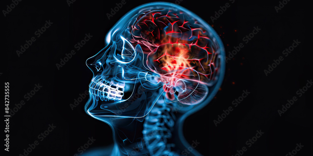 Stroke: The Sudden Weakness and Speech Difficulty - Visualize a person with highlighted brain showing ischemia, experiencing sudden weakness and difficulty with speech Stroke: The Sudden Weakness and Speech Difficulty - Visualize a person with highlighted brain showing ischemia, experiencing sudden weakness and difficulty with speech
