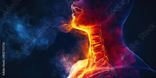 Gastroesophageal Reflux Disease (GERD): The Heartburn and Regurgitation - Imagine a person with highlighted esophagus showing reflux, experiencing heartburn and regurgitation photo