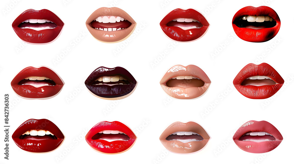 Obraz premium Collection of female mouth with red lips isolated on white background