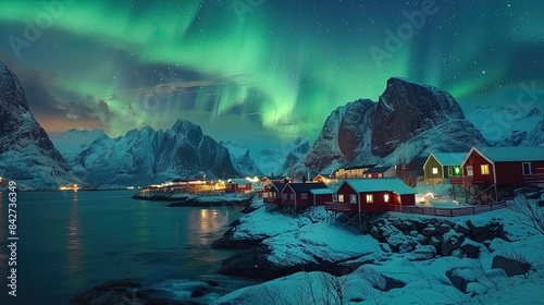 Ethereal aurora borealis over Hamnoy, Norway, captivating night sky with colorful lights