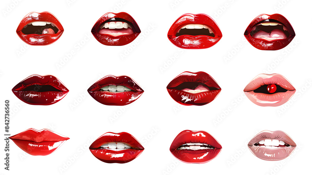 Naklejka premium Collection of female mouth with red lips isolated on white background