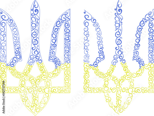 Ukrainian national emblem trident tryzub spiral pattern textured in Ukrainian flag colors